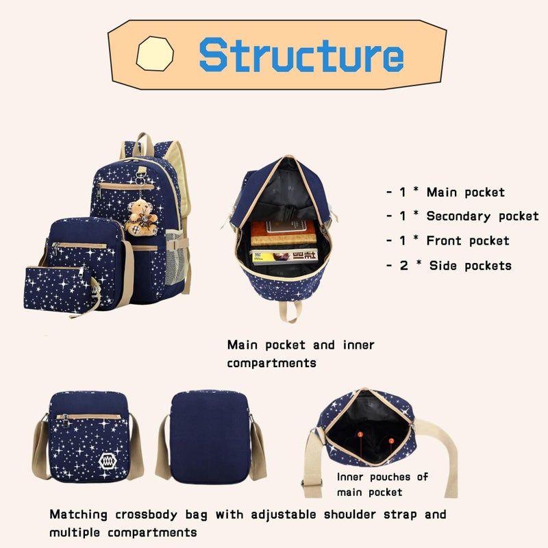 Bansusu Star Print Girls Backpacks Set for School, School Bags Bookbags for Teenage Girls, with Crossbody Bag, 3 Pieces - Image 5